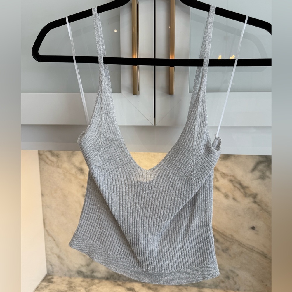 Hunter & Brown Silver Metallic Knit Tank Top V Neck Shimmer Cami Size L NWT